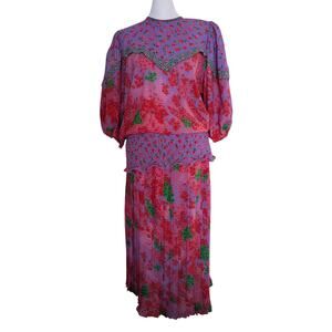 Vintage Assorti Susan Freis Pink Purple Floral Blouse Skirt 1980s Set